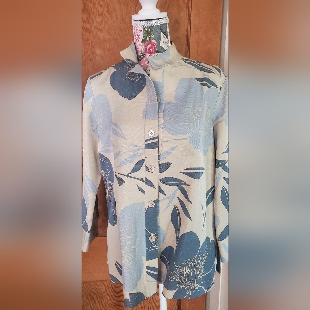 Silk and Linen, Blue and Taupe Floral Button-Down Shirt